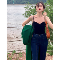 Wine homemade Hong Kong style retro spring and autumn wavy edge v-neck velvet sexy lace backless camisole top womens lunch