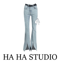 High-waisted slit jeans spring 2022 new design thin wide-leg pants micro flared pants