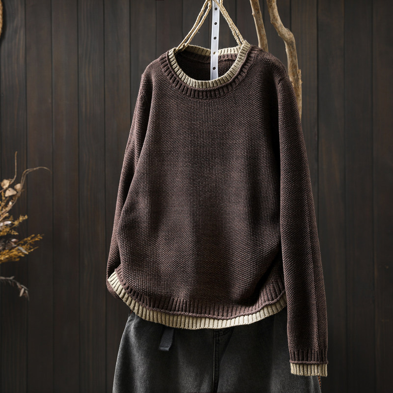 Spring and Autumn Round-Neck Pullover Thin Sweater for Women, Loose Knit Solid Color Cotton Base Shirt, Fake Two-Piece Top