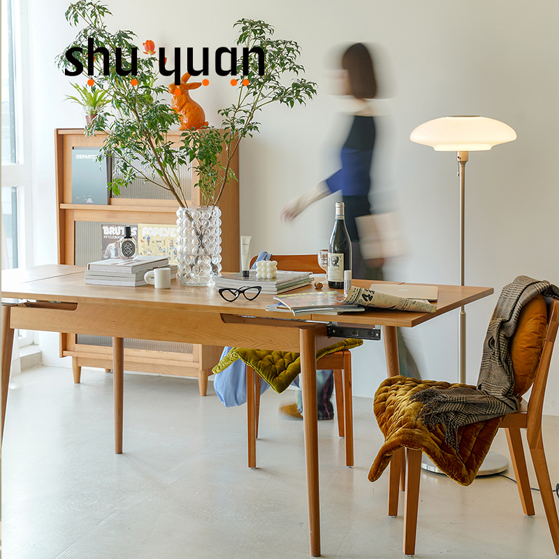 Vertical round retractable Nordic family table small type folding cherry solid wood Japanese rectangular dining table and chair combination