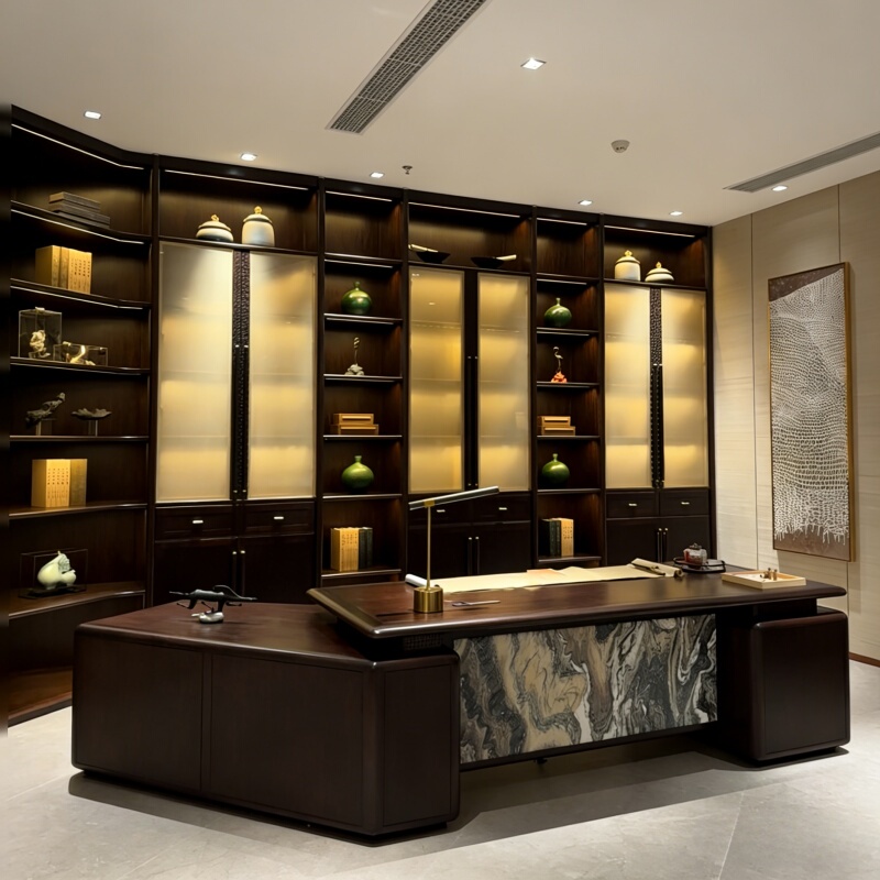 Song's Aesthetics Irregular Solid Wood Executive Desk 2026 New High-End L-Shaped Desk with Side Cabinet for Ceo and Boss Office