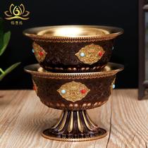 Pure copper carved eight auspicious water supply cup tall seven water supply bowl inlaid with colorful beads diameter 11cm