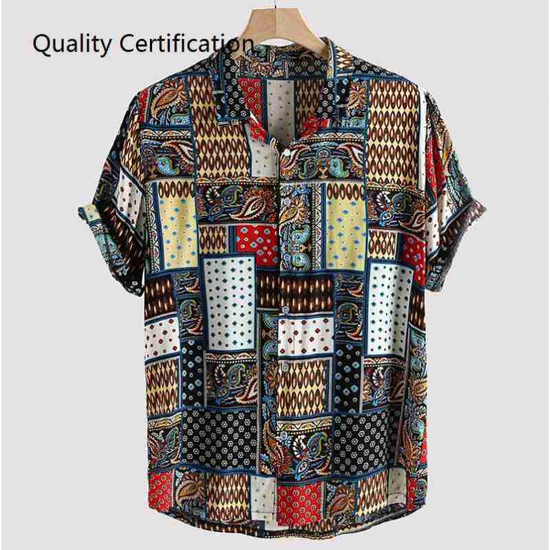 Summer new mens beach shirt linen printed short-sleeved