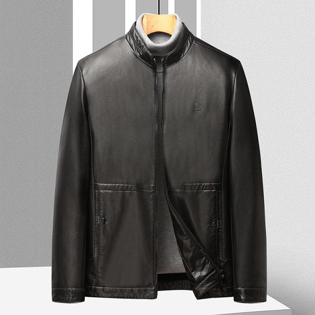 Xianxian Deer Men's Jacket Men's Autumn and Winter Middle-aged Men's Leather Jacket Plus Velvet Dad's Warm Stand-up Collar Jacket ການຂາຍລາຍເດືອນ 0