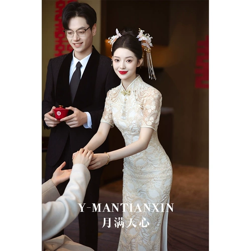 Вечернее платье, кружевное свадебное платье, ципао, цвета шампанского, кружевное платье, китайский стиль