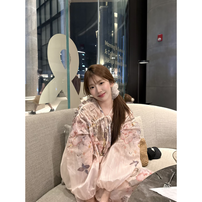 Floating Flowers【Zim】Imported Machine-Precision Printed Pink Drawstring Shirt and Skirt Floating Flowers【Zim】Imported Machine-Precision Printed Pink Drawstring Shirt and Skirt