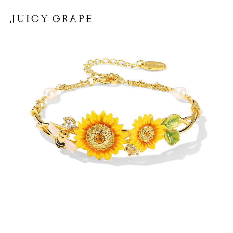 【Van Gogh】Sunflower Bee Enamel Half Bangle Bracelet for Women, Light Luxury Niche Flower Bracelet Jewelry, Birthday Gift
