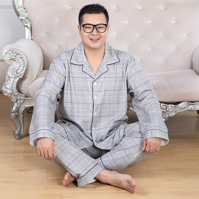 mens kích thước lớn đồ ngủ mùa xuân và mùa thu chất béo bông dày cardigan ve áo cộng với chất béo để tăng chất béo người đàn ông bông quần áo nhà thiết.