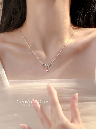 S999 Pure Silver Necklace Women's Light Luxury Niche Bow Pendant High-end Accessories Autumn and Winter Sweater Chain Necklace