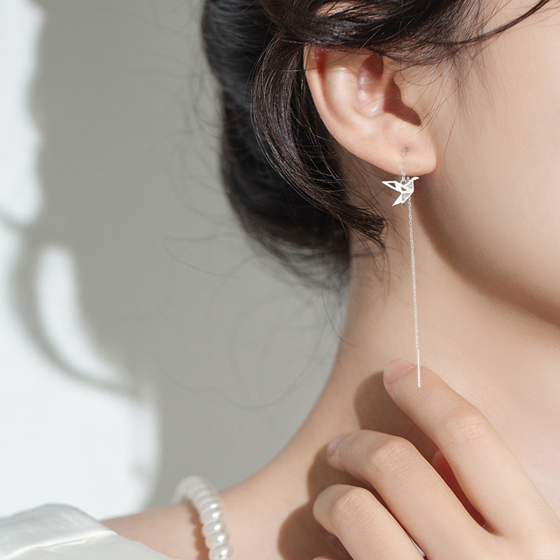 Sterling silver thousand paper crane tassel ear liner women's 2021 new trend niche design sense earrings long autumn and winter earrings