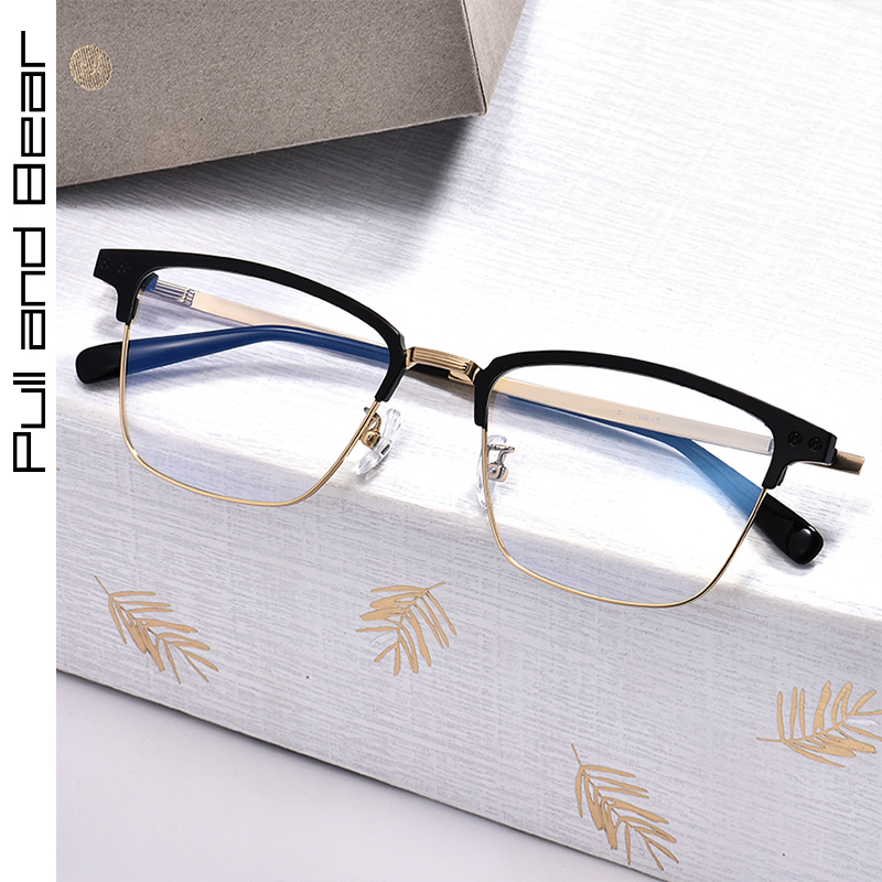 Pure Titanium Myopia Eyeglasses Men's Degree Finished Full Half Frame Eye Frame Male Large Face Anti Color Change Blu-ray