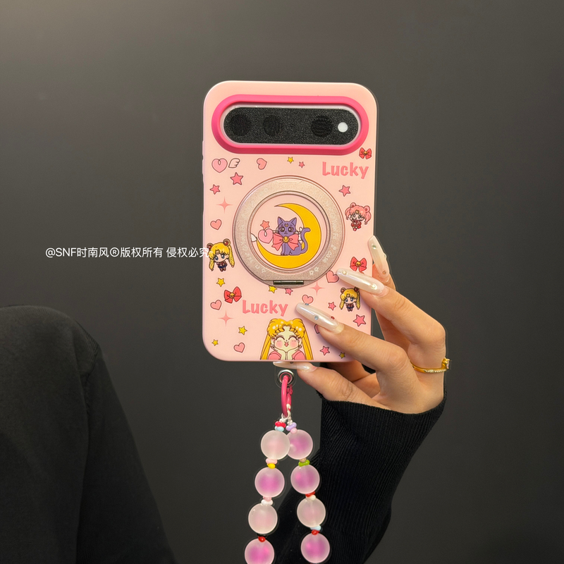 Cute Moon Cat Beauty Girl 360 Rotating Stand Suitable for Huawei Pura X View Phone Case Pura X View Full-Cover Wide Straight-Edge Skin-Feel Premium Protective Case with Bracelet for Women