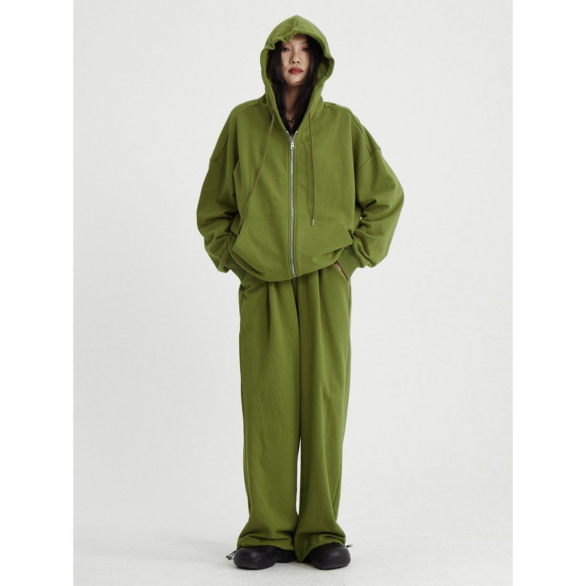 THELGHT AUTUMN WINTER NEW PLUS SUEDE OVERSIZE LOOT Lazy Even Hat Sportswear Pants Suit Women Green Casual Sports