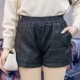 Quần short len ​​nữ mùa thu đông 2018 mới eo cao một chữ quần ống rộng đáy quần rộng eo cao mặc quần lưới lưới