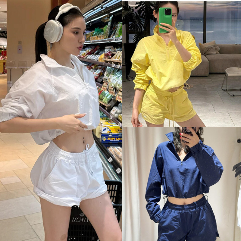 Clearance Sale New Aloo Long-Sleeve Sun Protection Set with Stand Collar, Half-Zip, Quick-Dry, Lightweight Casual Sports Women's Shorts