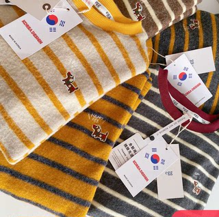 韩【Egg秋冬小暖炉】加厚加密绒感撞色条纹长袖女宽松打底