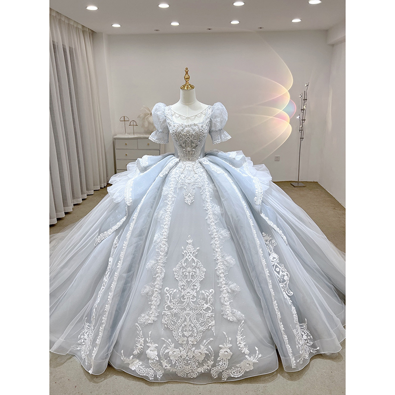 [七年老店 蓝色轻婚纱2024新款新娘主纱小个子在逃公主高级质感重工奢华拖尾]