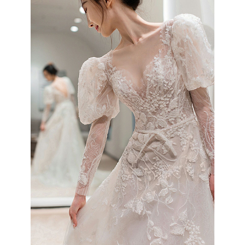 Advanced wedding dress, small princess costume, french style, high-quality style, long sleeve, suitable for teen, lace dress, autumn