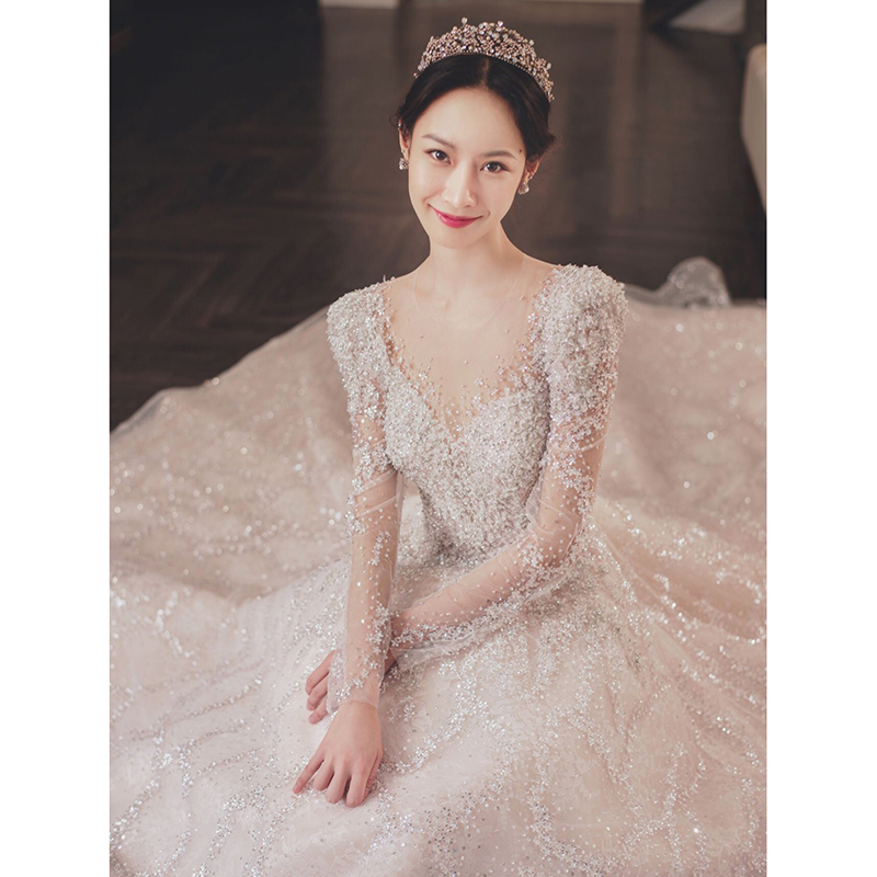 Elite winter wedding dress for pregnant, french style, 2023 collection, long sleeve