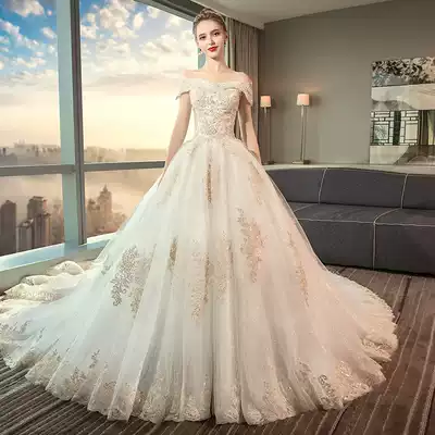 Wedding dress 2021 New one word shoulder bride Super fairy dreamland temperament high waist pregnant woman belly tail