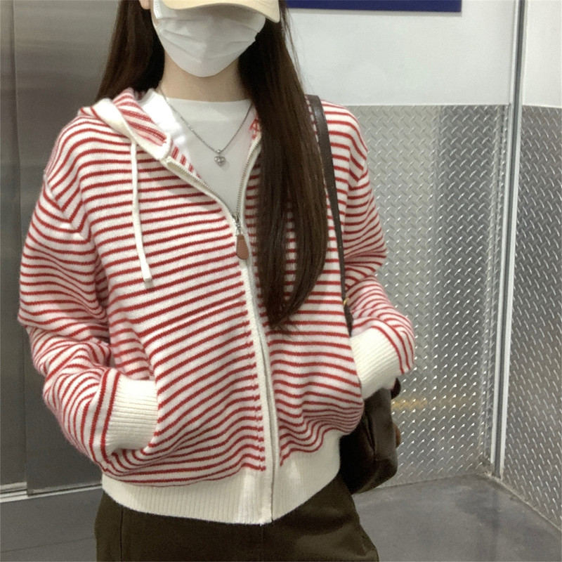 Striped Top for Women, Korean Chic, Unique and Beautiful Knitted Hooded Sweatshirt Jacket, Loose and Lazy Style Zip-Up Cardigan