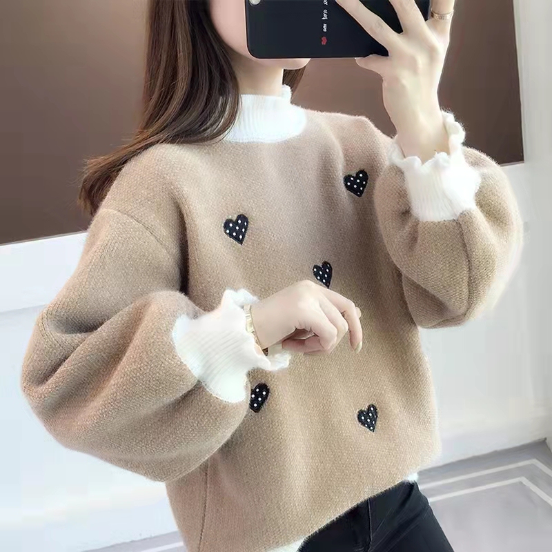 2025 Autumn/Winter New Women's Sweater Loose Lazy Style Half-Turtleneck Pullover Thickened Fleece Knitted Base Shirt