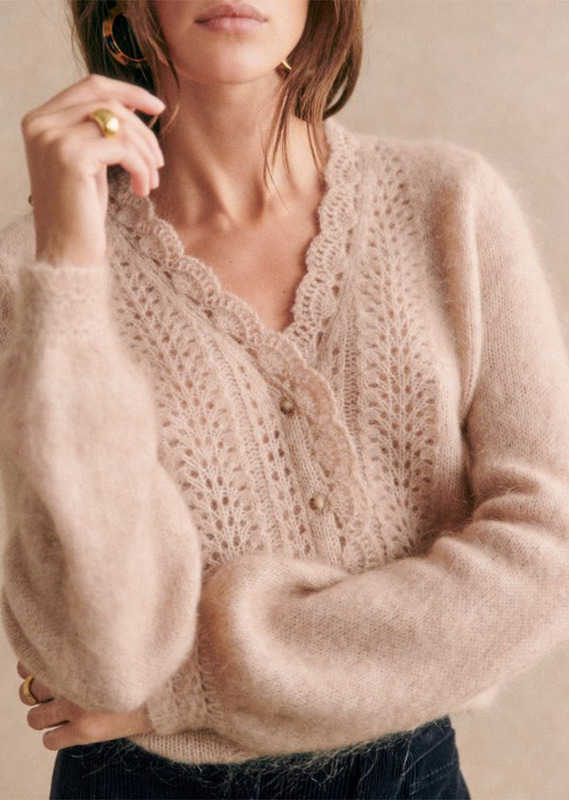 French-Style Niche 2023 Winter Light Luxury Mohair Crochet V-Neck Petal Edge Hollow Cardigan Puff Sleeve Sweater Top