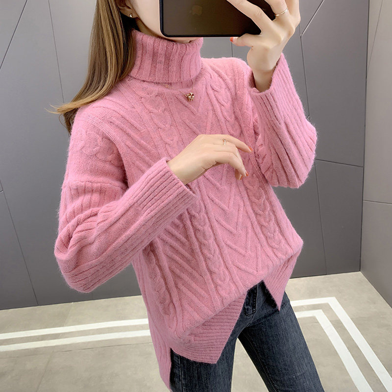 High collar sweater woman thickened sleeve head long sleeves Nebwear bottom shirt 2020 new autumn and winter foreign pine knitwear women loose