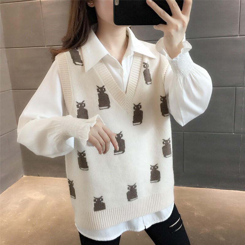 Knit sweater V-neck vest women's spring and autumn layered loose fashion outside the spring and autumn sleeveless sweater vest top trendy