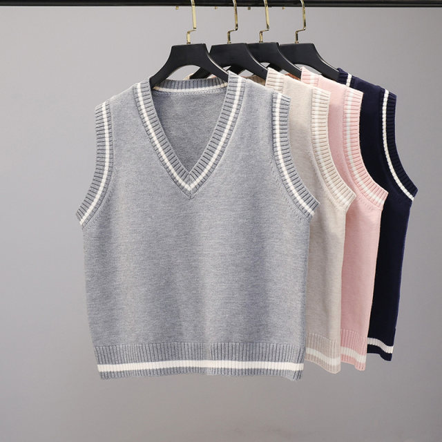 2024 Spring and Autumn New College Style Vest French Small V-neck Knitted Vest Women's Sleeveless Vest Top