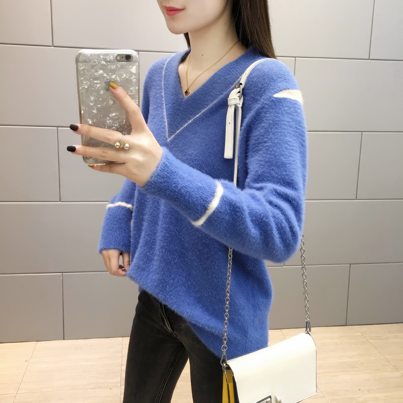 Áo giả nhung nước đáy quần nữ dày áo len lưới màu đỏ 2019 thu đông mới Áo len cổ lọ nữ dài tay - Áo len cổ chữ V áo len nữ form rộng