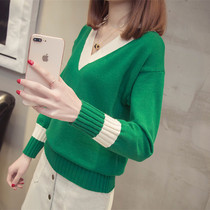 V-neck sweater womens loose Korean version of the wild 2021 autumn new pullover chicken heart collar knitted low-neck base shirt tide