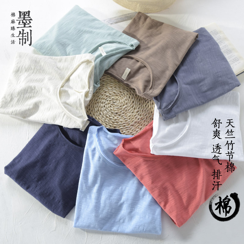 Japanese Retro Bamboo Cotton T-Shirt for Men, Loose Fit, Thin Summer Round Neck Base Shirt, White Versatile Vintage-Style Top