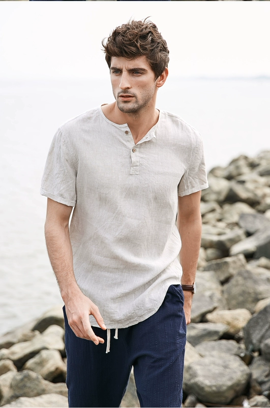 Mùa hè mỏng mảnh vải lanh áo sơ mi nam ngắn tay áo cổ áo cotton nam kích thước lớn lanh áo thun thủy triều - Áo áo sơ mi sọc nam