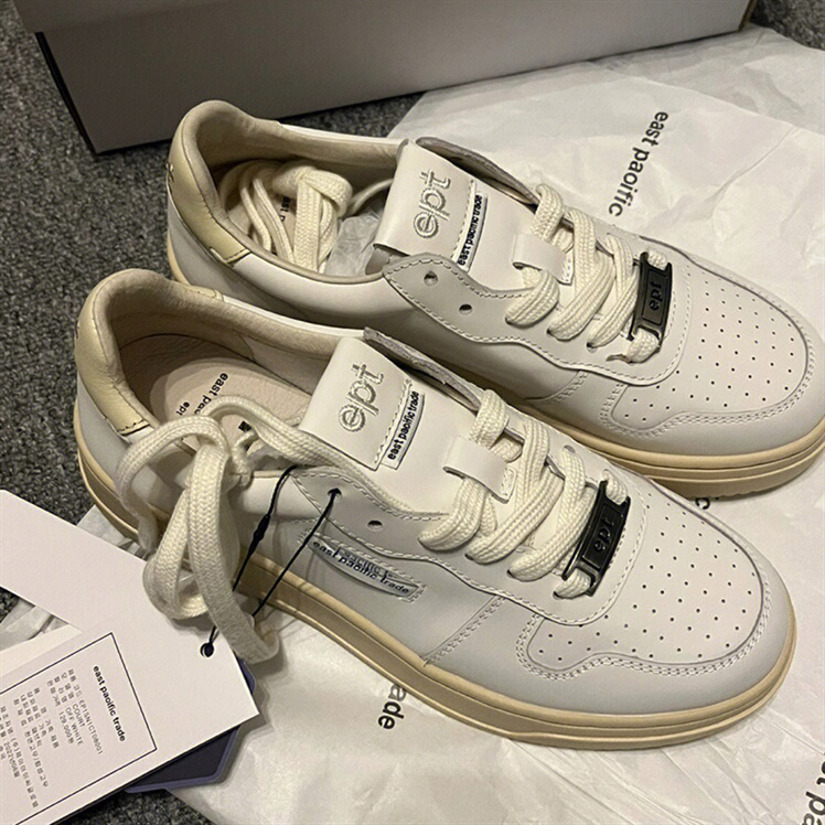 Ept Women's White Shoes 2025 New Genuine Leather Sports Casual Sneakers Retro Round Toe Lace-Up Niche White Shoes for Women