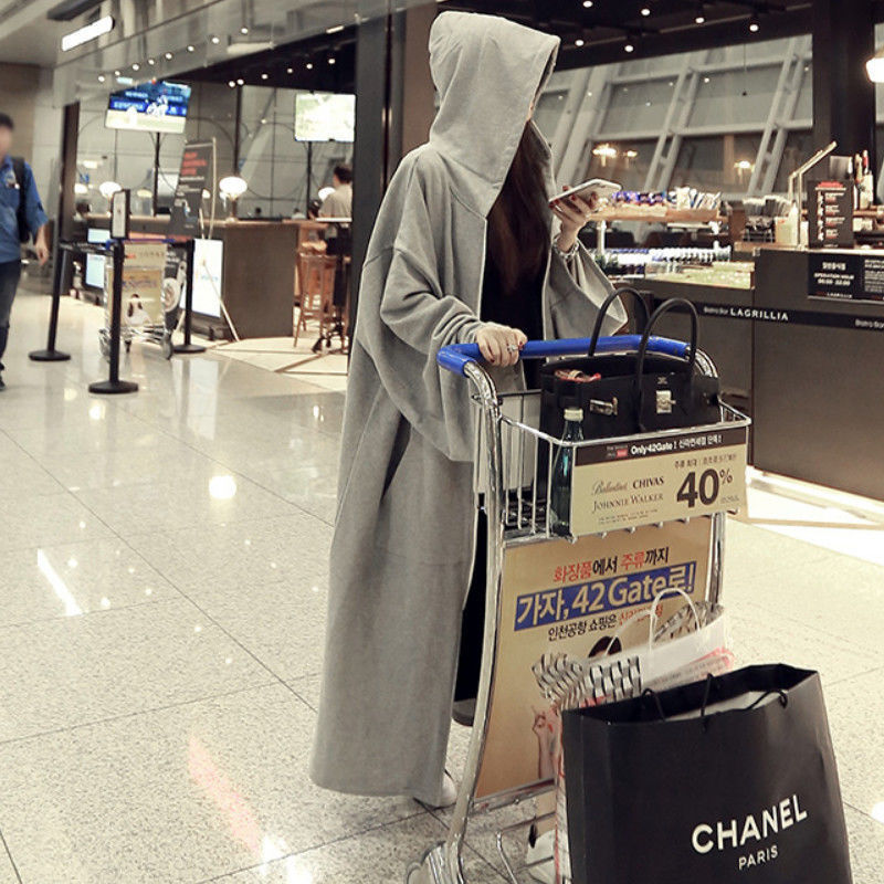 Autumn and Winter Fleece-Lined Plus-Size Women's 120kg Loose Oversized Trench Coat with Hood, Cardigan, Mid-Length Over-The-Knee Sweatshirt Dress for Women