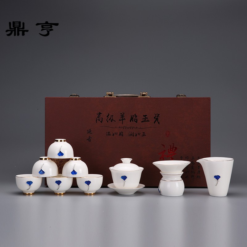 Ding heng white porcelain kung fu tea set jade suit dehua porcelain of a complete set of tea tureen ceramic cups of household contracted by hand
