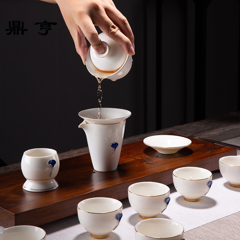 Ding heng white porcelain kung fu tea set jade suit dehua porcelain of a complete set of tea tureen ceramic cups of household contracted by hand