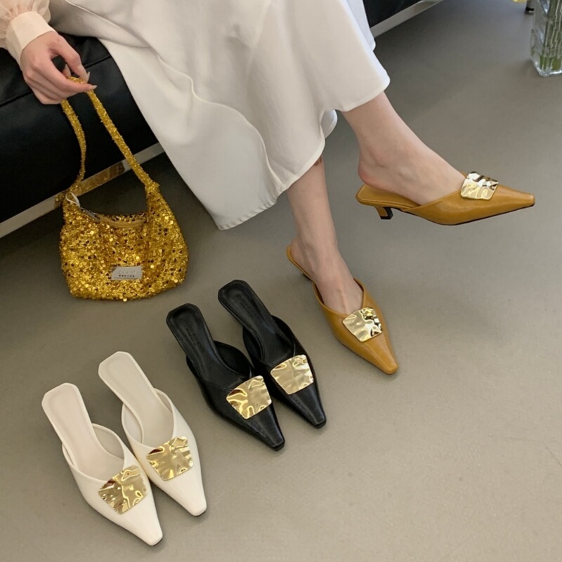 Spring and Autumn New European and American Style Pointed-Toe Metal Buckle Mules for Women, Summer Thin-Heeled High Heels, Elegant Outdoor Slip-On Mules