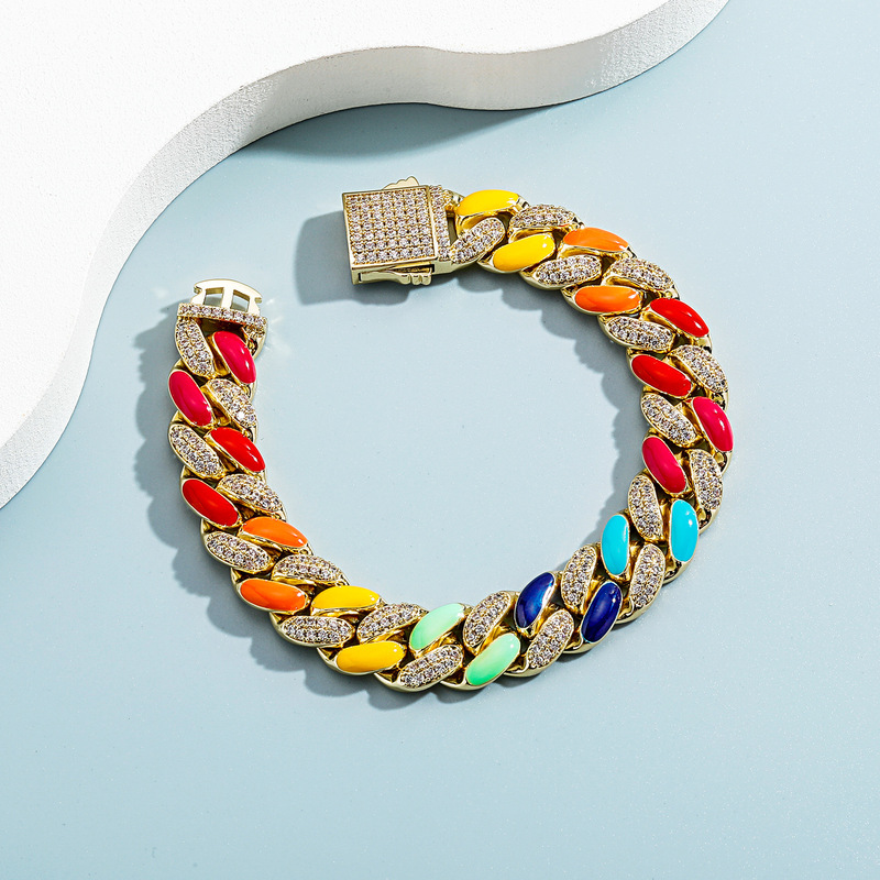 European and American Hip-Hop Colorful 14mm Oil-Drip Full Zircon Spring Clasp Solid Cuban Bracelet ins Trendy Men's Jewelry European and American Hip-Hop Colorful 14mm Oil-Drip Full Zircon Spring Clasp Solid Cuban Bracelet ins Trendy Men's Jewelry