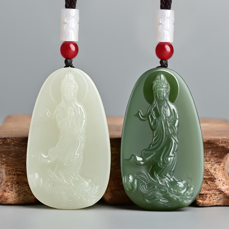 Natural Hetian Yu Guanyin Pendant Male Jade Pendant Qinghai Material Riding Dragon Guanyin Bodhisattva Jade Jade Necklace Female Jade Plate