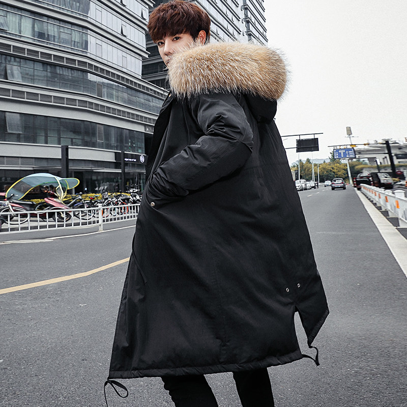 2019 winter new men's coat big hair collar down jacket medium and long version Korean version of the trend over the knee Parker suit windbreaker