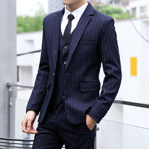 Small suit male Korean version slim-fit wedding groom best man group Striped suit three-piece suit Formal casual single west jacket