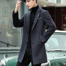 Wool coat mens medium and long youth British windbreaker winter thickened wool coat Korean version 2019 new