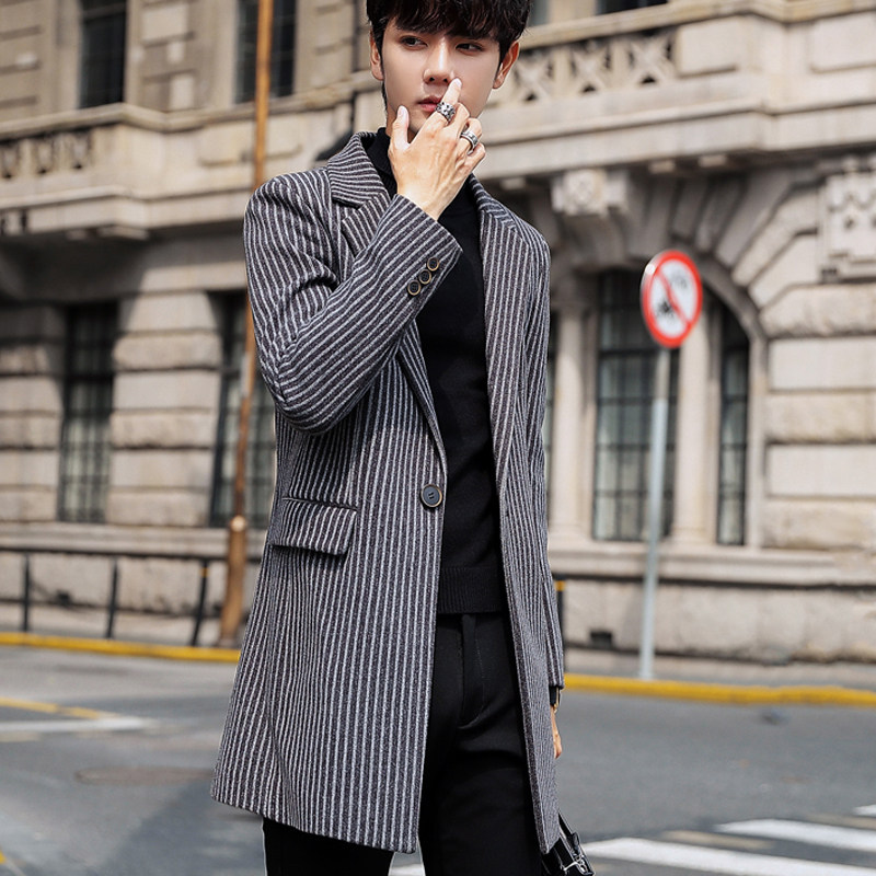Men's windbreaker medium and long version of the Korean version of the trend wool coat Men's British striped coat 2019 new winter