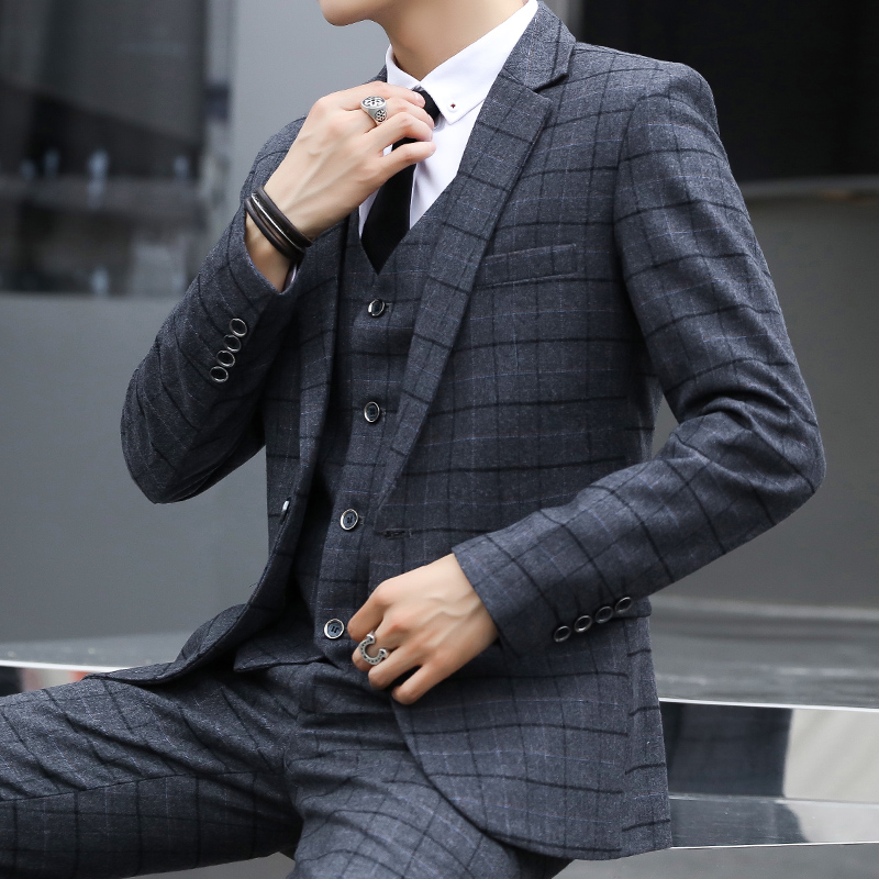 Men's suit three-piece suit plaid small suit suit 2019 new handsome groom wedding dress business formal dress