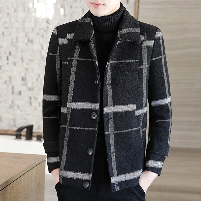 2020 new wool coat men's short tartan trench coat Korean version men's coat winter men's thickening tide