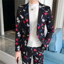 Suit mens jacket Korean version of the trendy self-cultivation handsome casual small suit suit hair stylist yuppie two-piece floral jacket