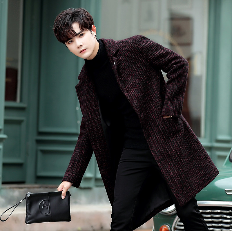 Trench coat men's long winter trend casual plush coat new Korean woolen coat youth handsome slim fit