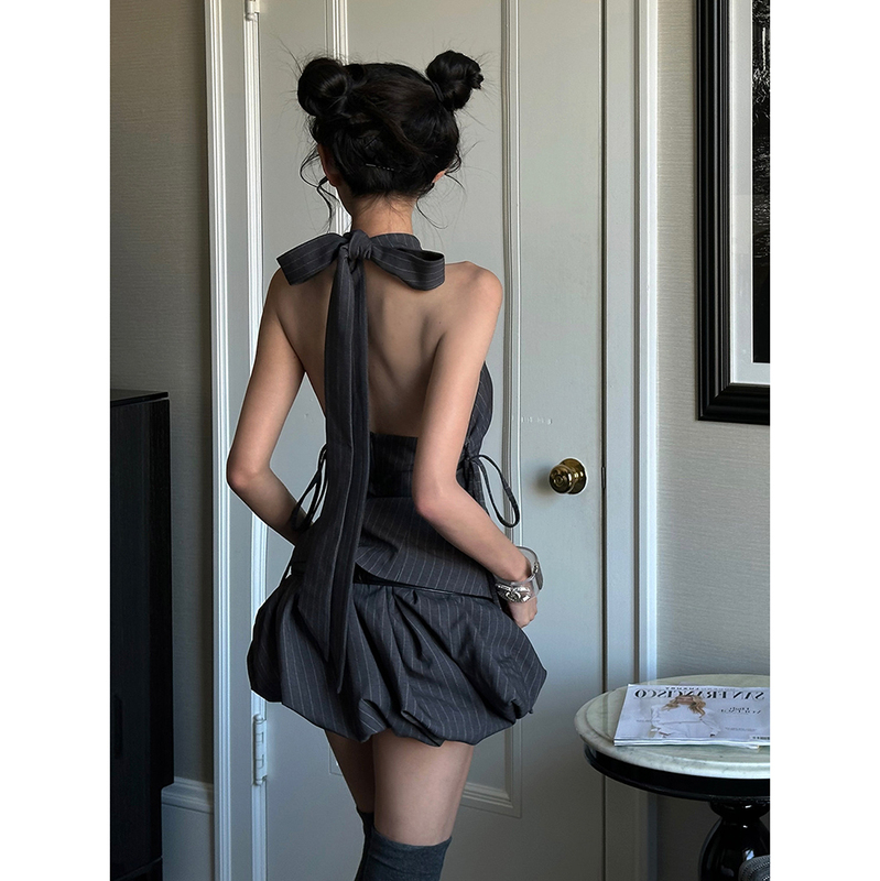 Striped Suit Halter Top Summer Gray Sexy Slim-Fit Outerwear Sleeveless Top and Floral Skirt Two-Piece Set for Women